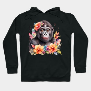 A gorilla decorated with beautiful watercolor flowers Hoodie